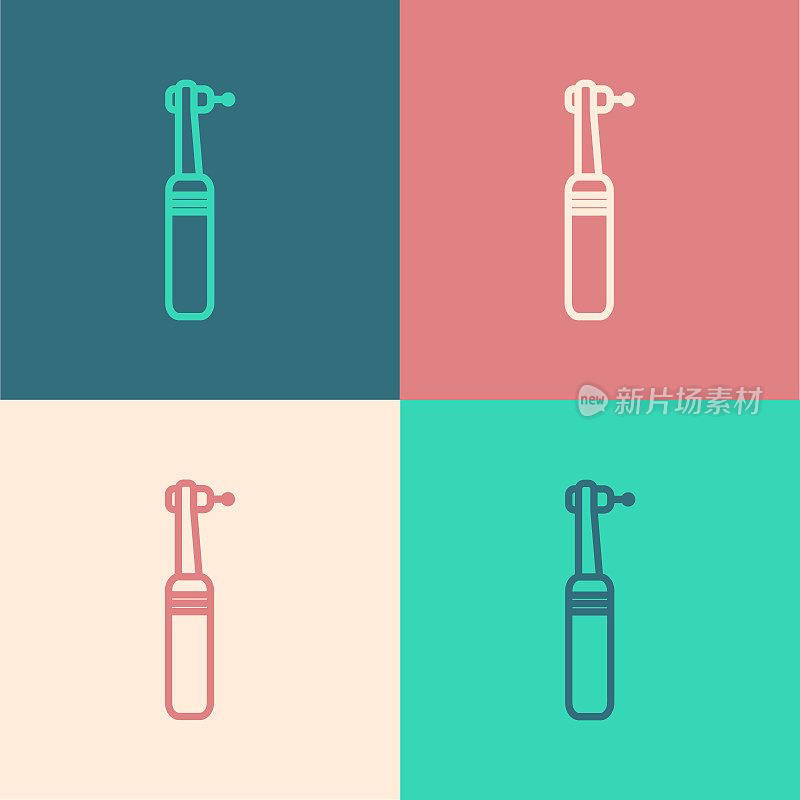 Pop art line Tooth drill icon isolated on color background. Dental handpiece for drilling and grinding tools. Medical instrument. Vector Illustration